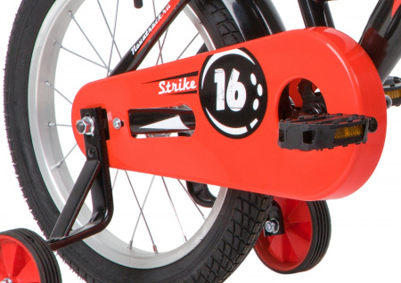 NOVATRACK STRIKE 16" (2020) (Велосипед NOVATRACK 16" STRIKE черный-красный, тормоз нож, крылья корот, полная защита цепи)