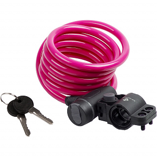 Замок M-Wave тросовый, 10х1800мм, ключ, с защитным колпачком, розовый, 5-233868 - фото